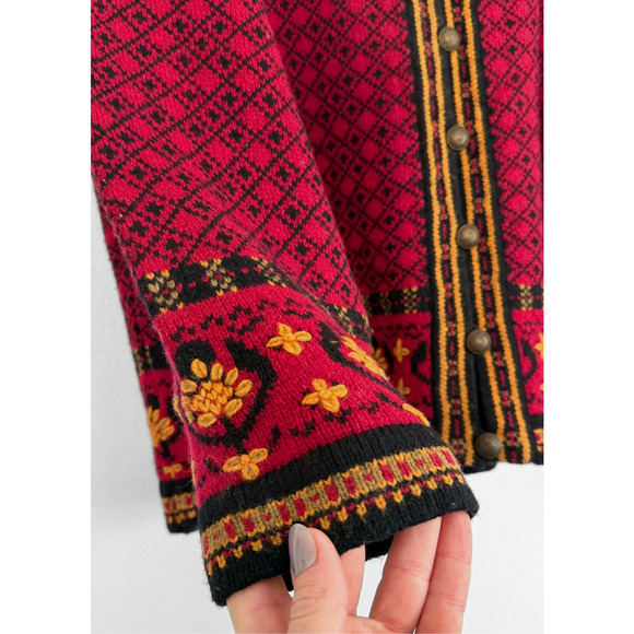 Squaw Valley Scandinavian Wool Knit Cardigan in Red Nordic Floral Fair Isle - Picture 6 of 8
